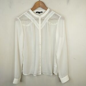 SET Lace Yoke Blouse 4 Womens Sheer Ivory White Button Down